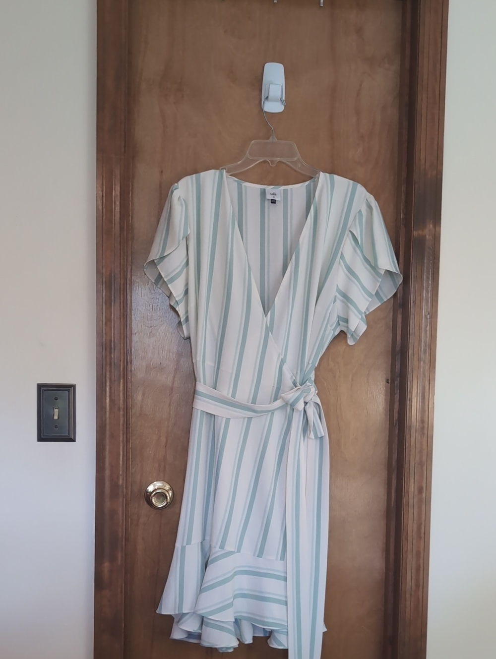 CAbi Boardwalk Wrap Midi Dress in Light Blue and White